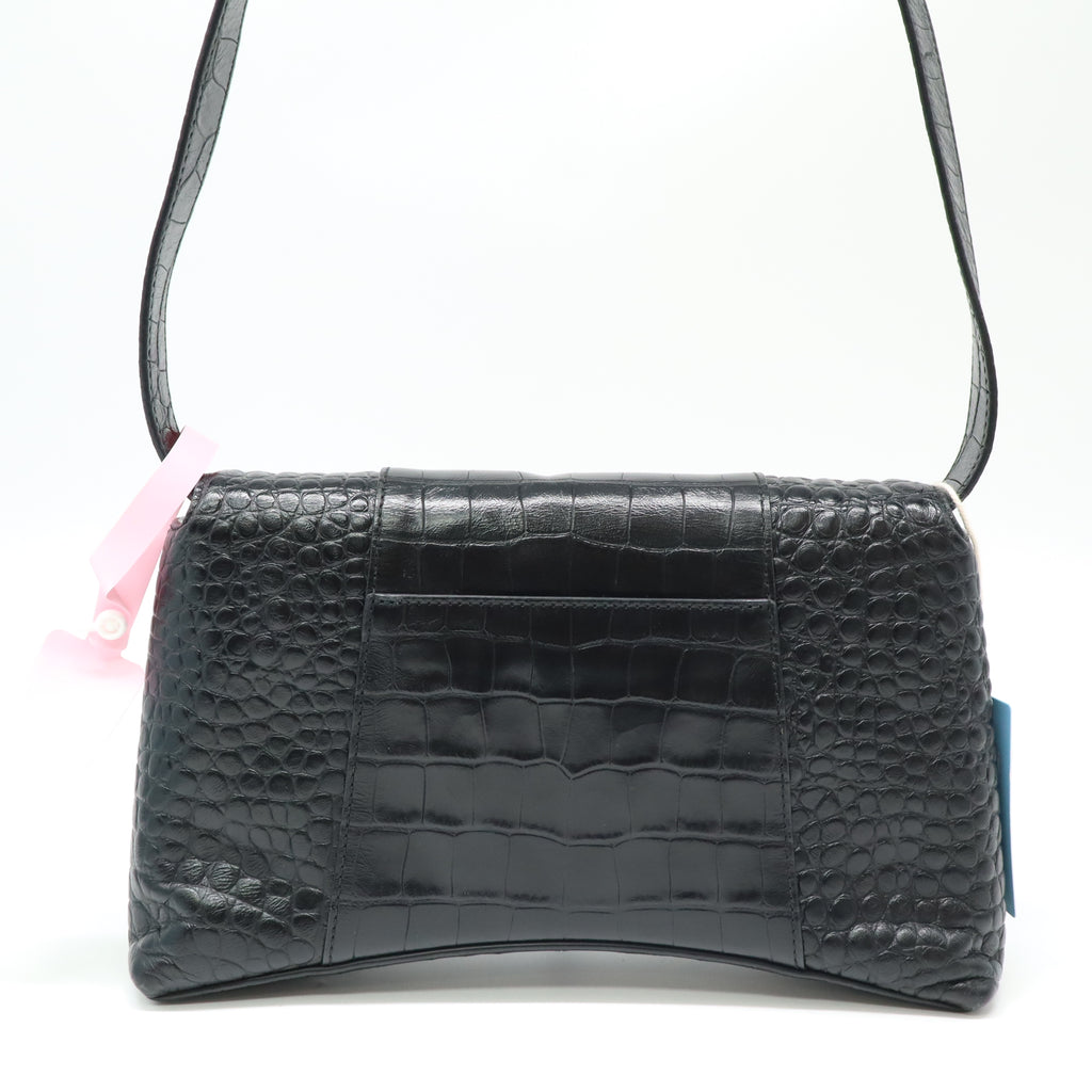Balenciaga Black Croc Embossed Leather Soft Hourglass Shoulder Bag twins LDJ4328
