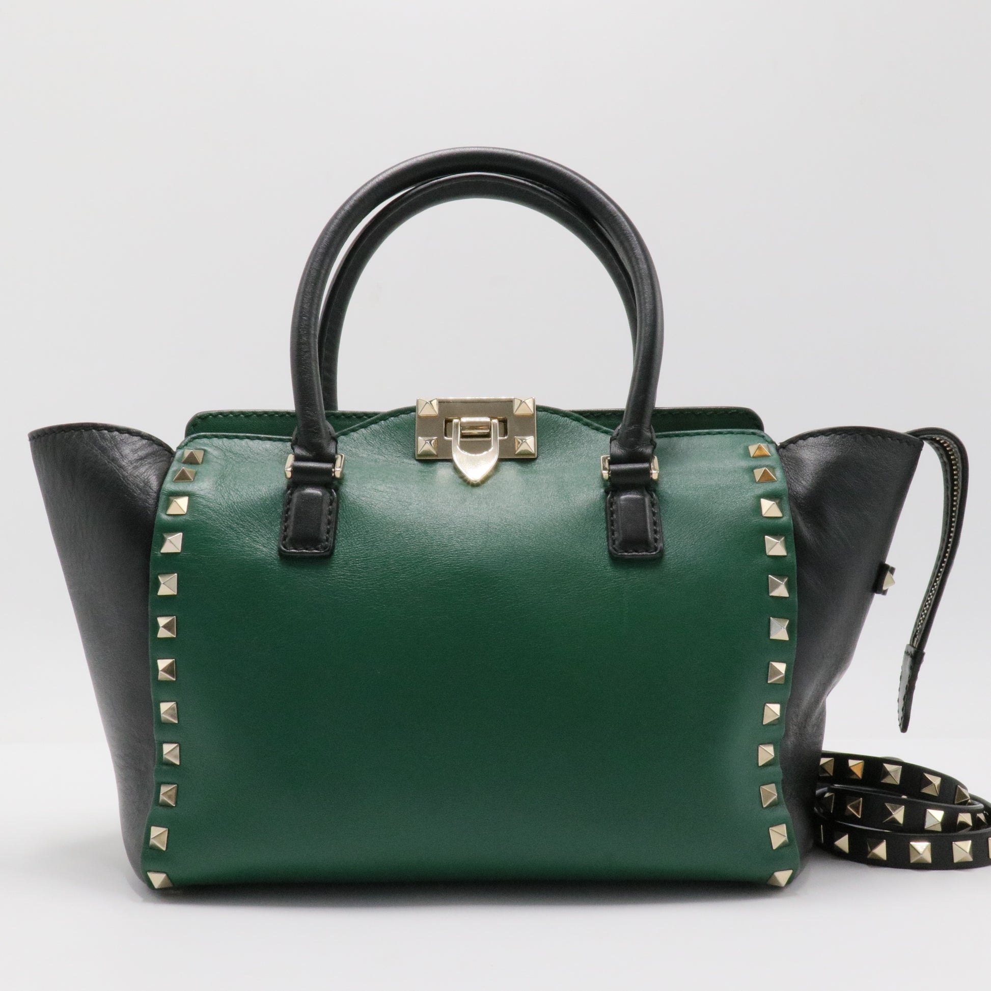 Vitello Bi-Color Small Rockstud Double Handle Tote Green Black