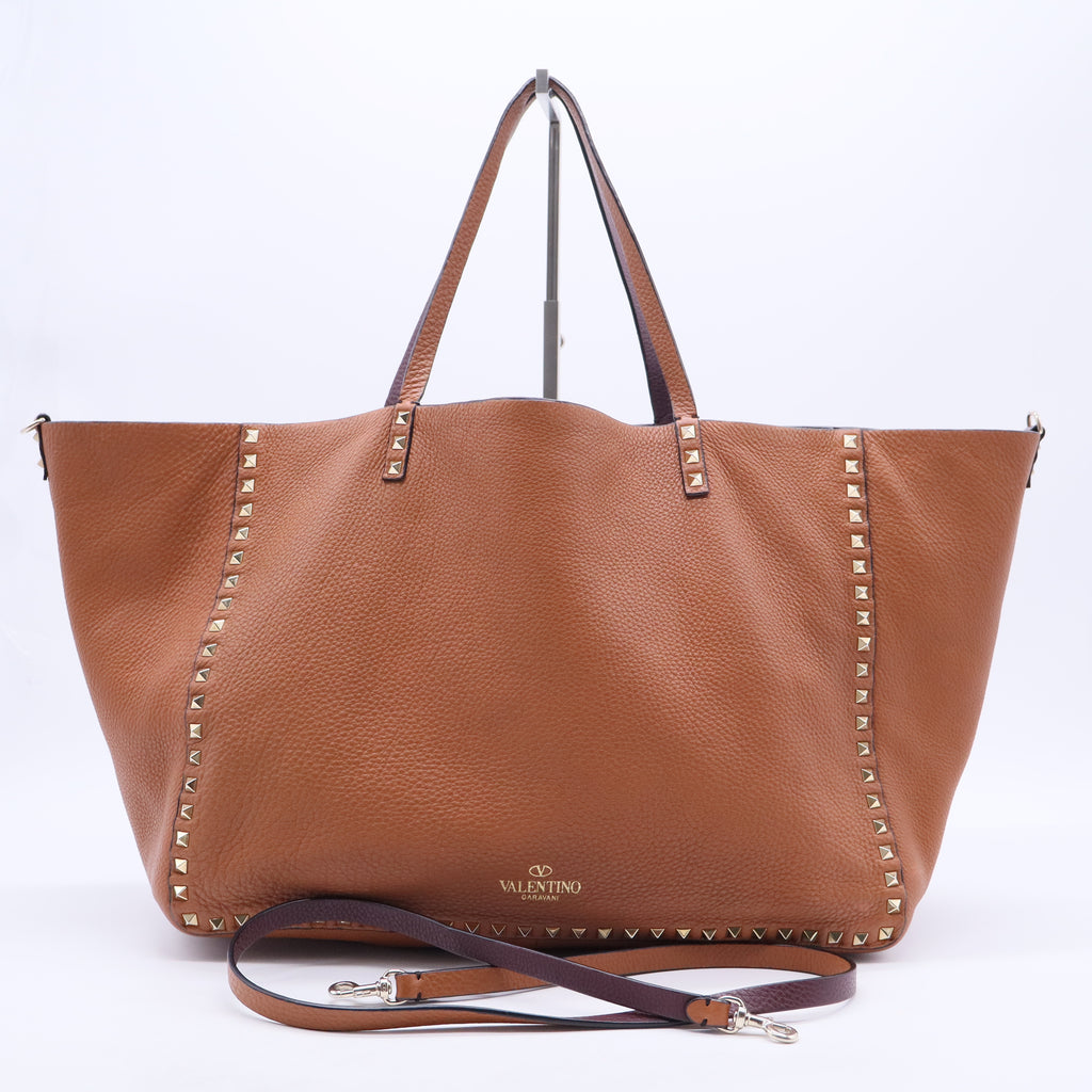 Rockstud Tote Bag Brown Grained Leather Gold Stud Hardware B12020