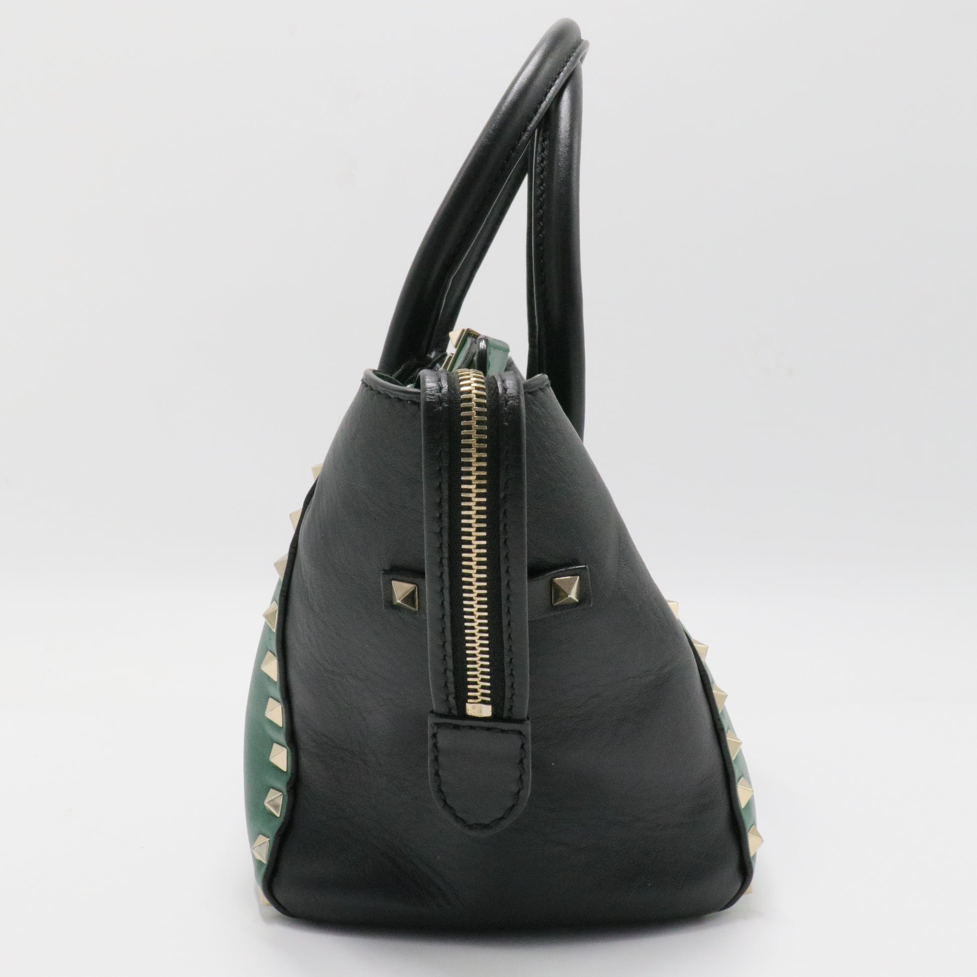 Vitello Bi-Color Small Rockstud Double Handle Tote Green Black