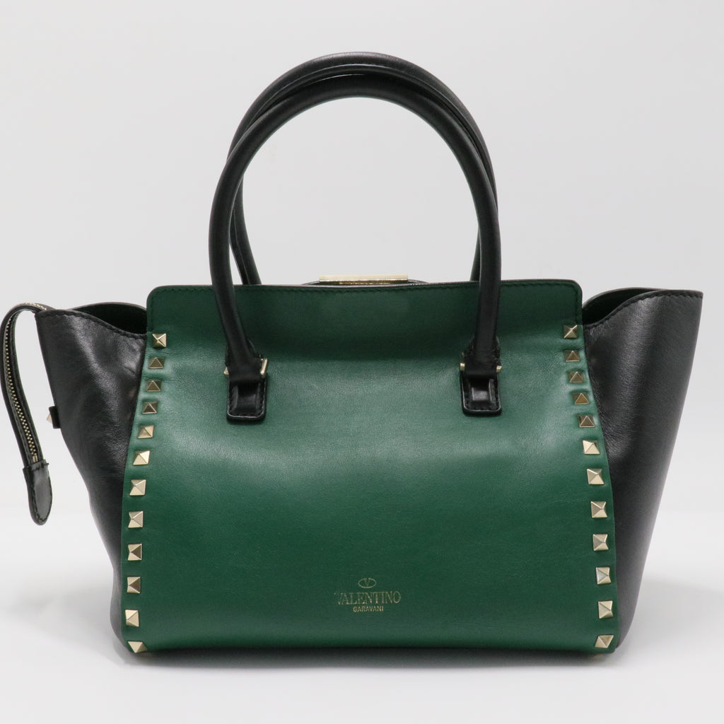 Vitello Bi-Color Small Rockstud Double Handle Tote Green Black