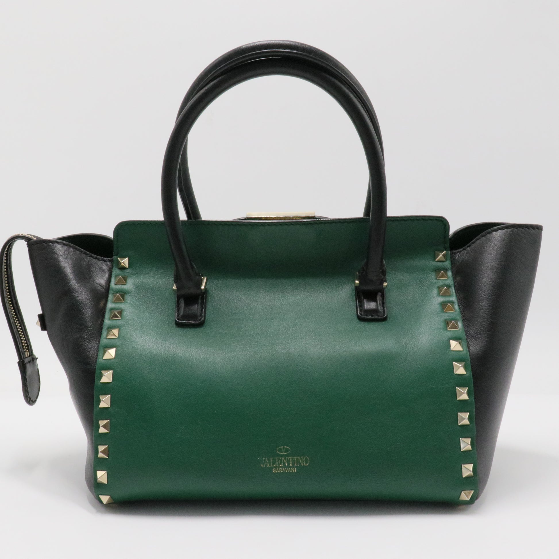 Vitello Bi-Color Small Rockstud Double Handle Tote Green Black