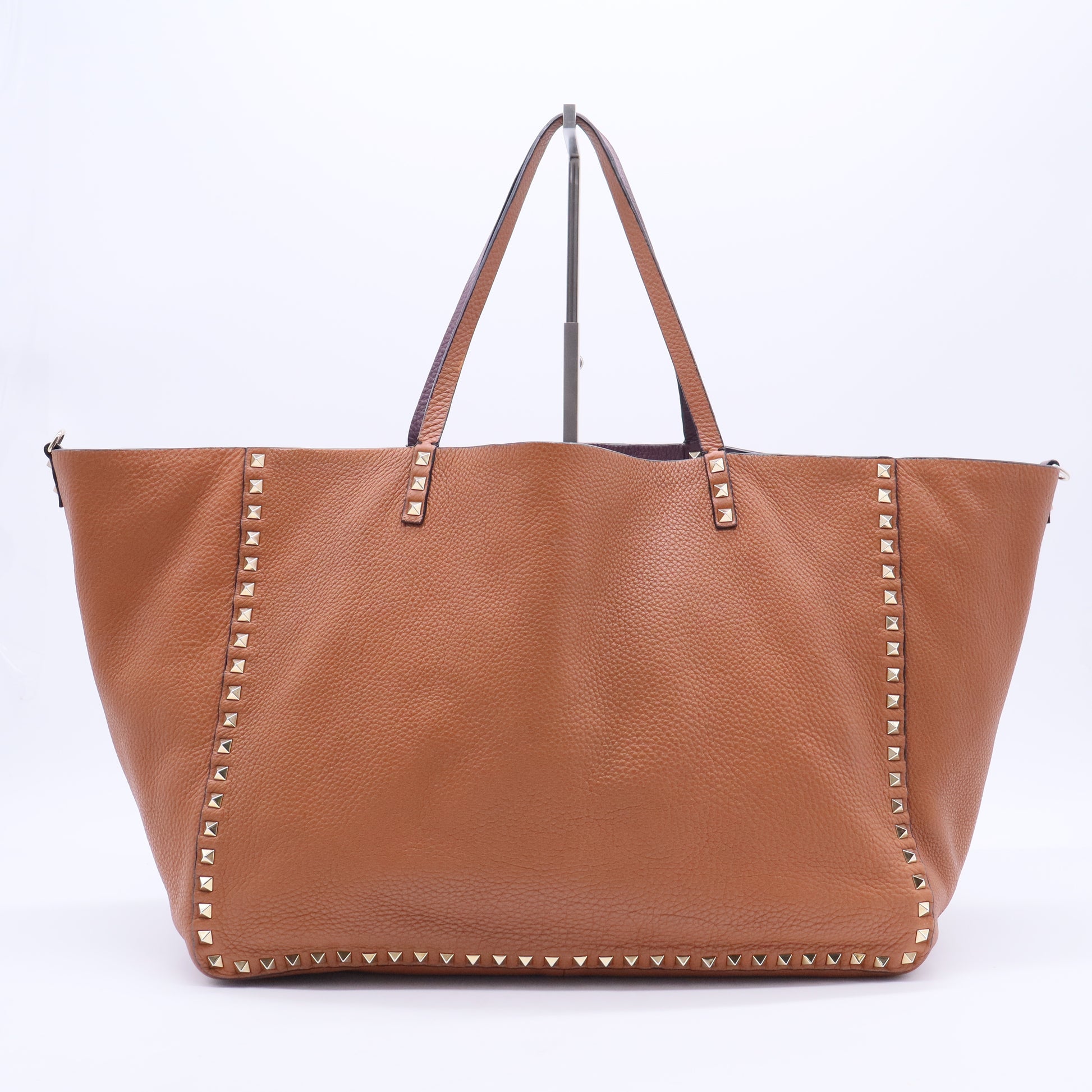 Rockstud Tote Bag Brown Grained Leather Gold Stud Hardware B12020