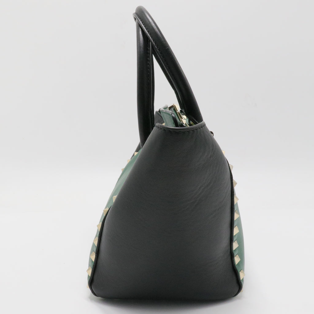 Vitello Bi-Color Small Rockstud Double Handle Tote Green Black