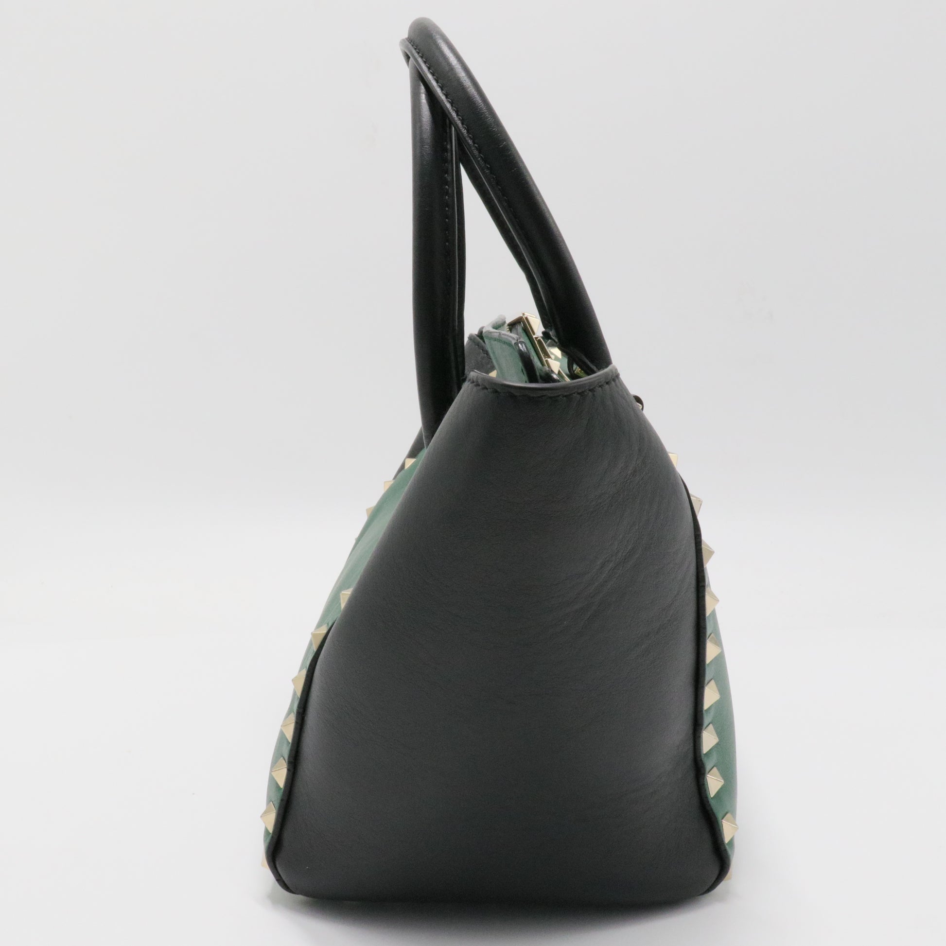 Vitello Bi-Color Small Rockstud Double Handle Tote Green Black