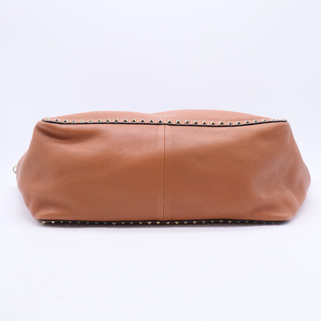 Rockstud Tote Bag Brown Grained Leather Gold Stud Hardware B12020