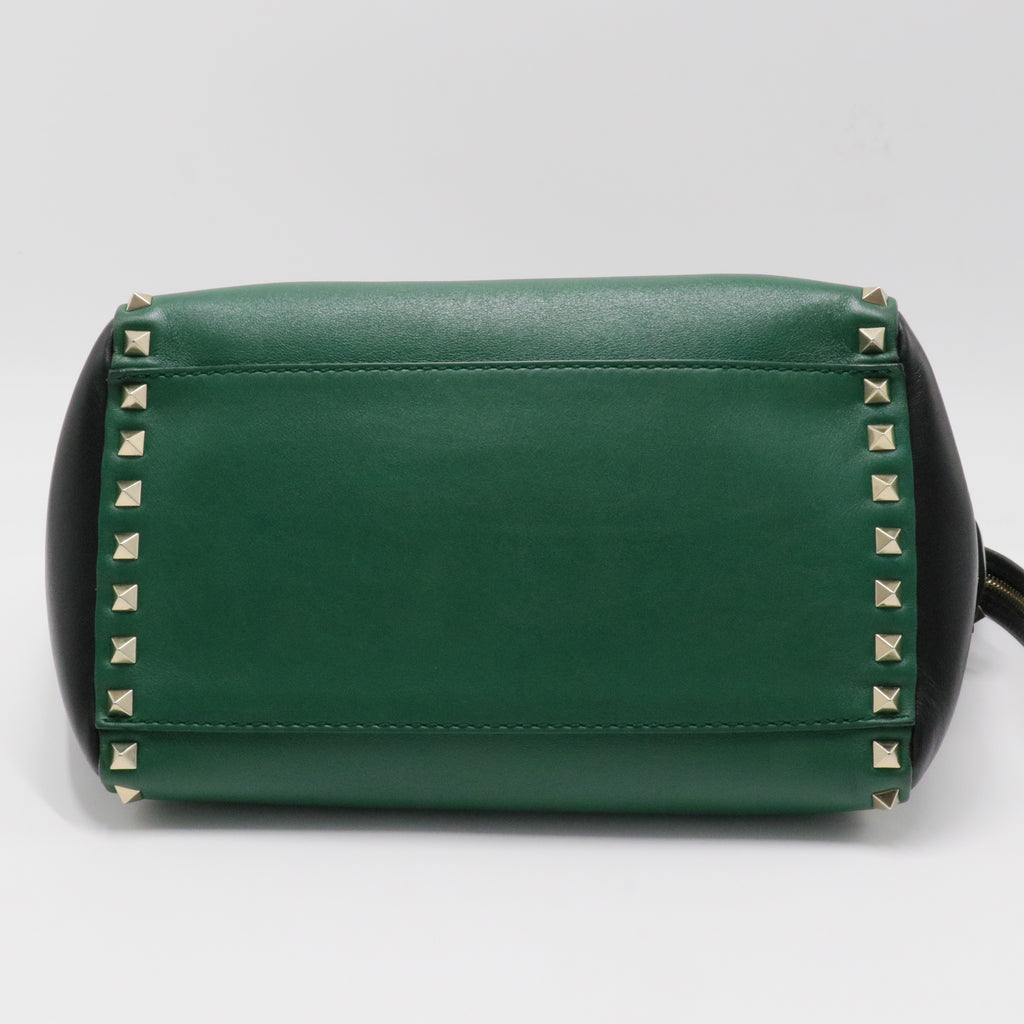 Vitello Bi-Color Small Rockstud Double Handle Tote Green Black