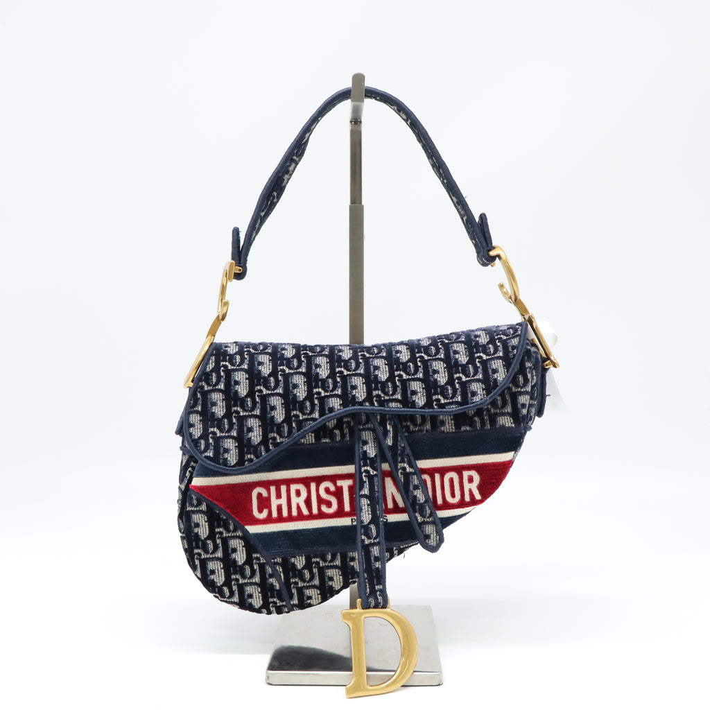Christian Dior Saddle Handbag Logo Embroidered Oblique Velvet Medium twins B22498