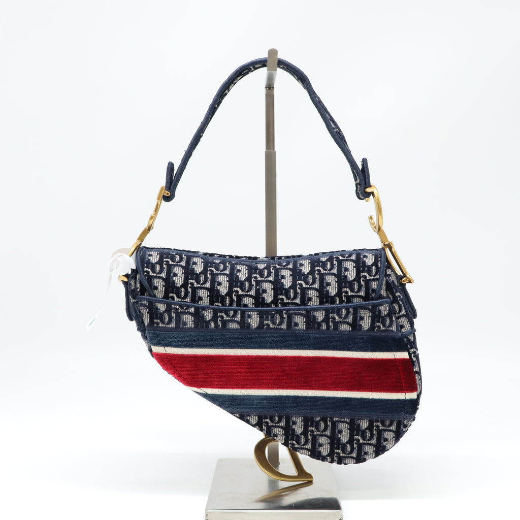 Christian Dior Saddle Handbag Logo Embroidered Oblique Velvet Medium twins B22498