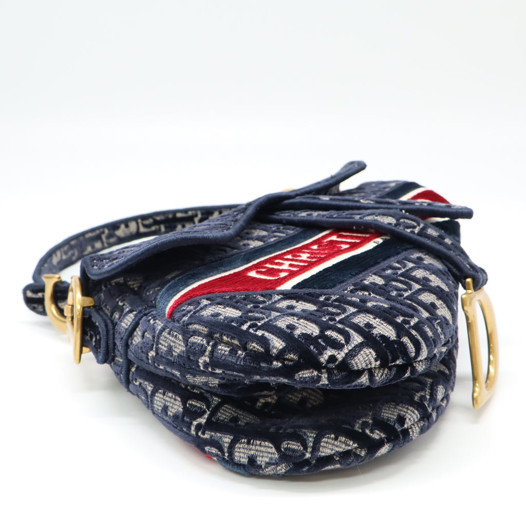 Christian Dior Saddle Handbag Logo Embroidered Oblique Velvet Medium twins B22498