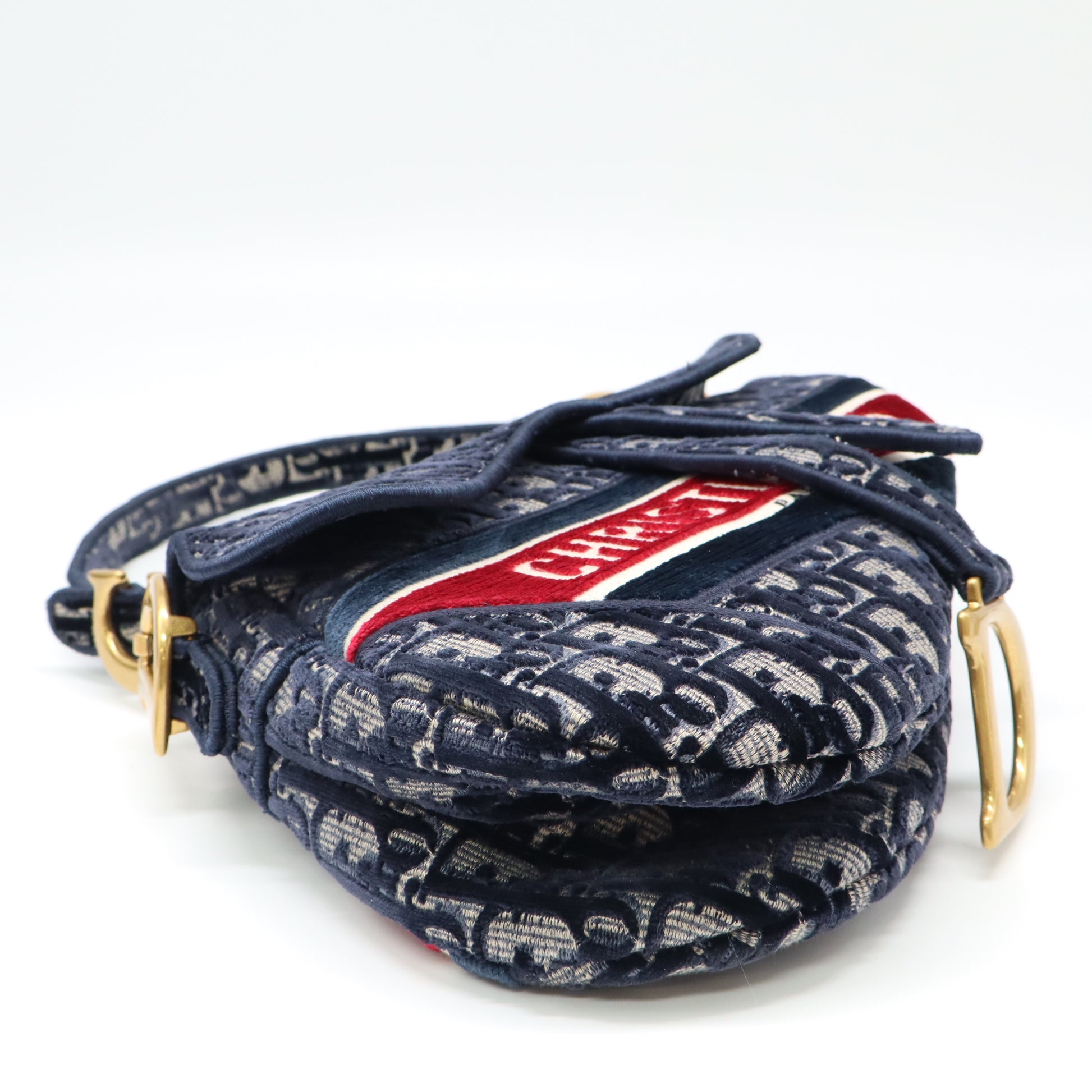 Christian Dior Saddle Handbag Logo Embroidered Oblique Velvet Medium twins B22498