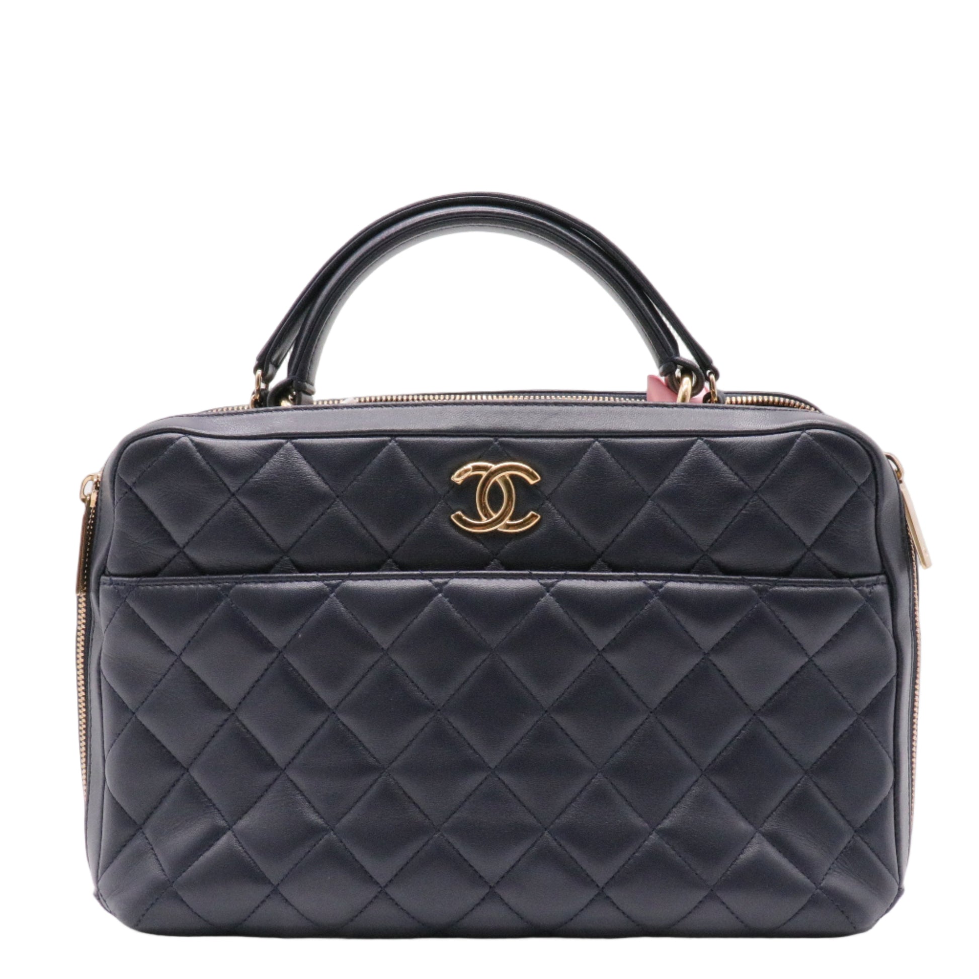 Lambskin Quilted Large Trendy CC Bowling Bag Black  twins