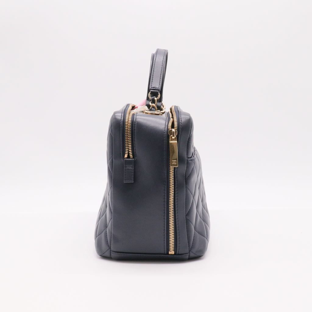 Lambskin Quilted Large Trendy CC Bowling Bag Black  twins