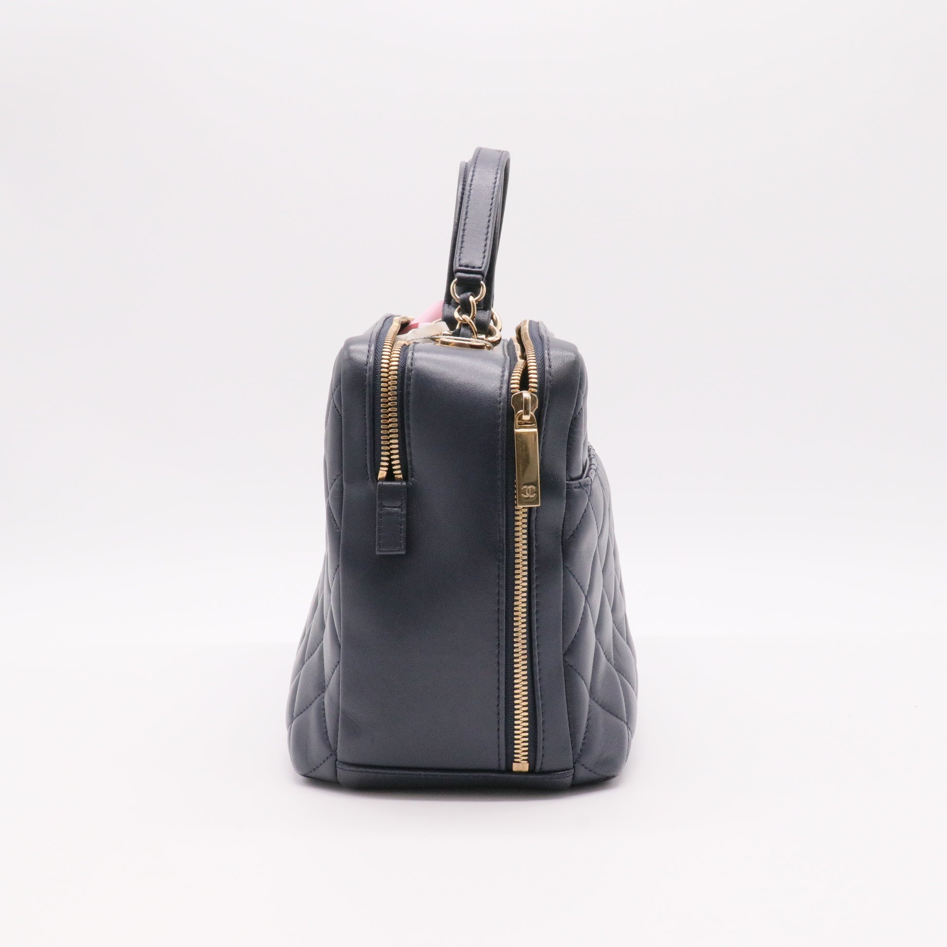 Lambskin Quilted Large Trendy CC Bowling Bag Black  twins