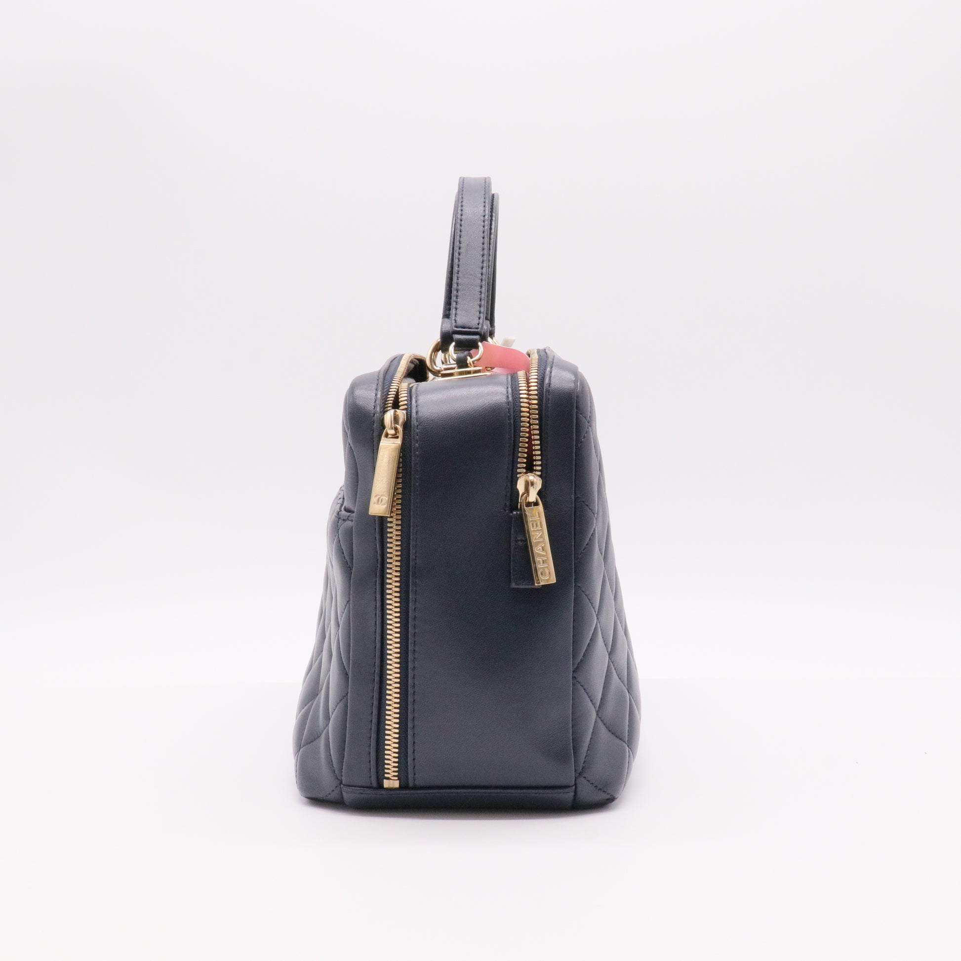 Lambskin Quilted Large Trendy CC Bowling Bag Black  twins