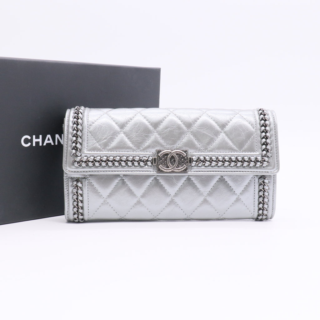 Chain Around Boy Flap Wallet Quilted Aged Calfskin Long Silver Twins