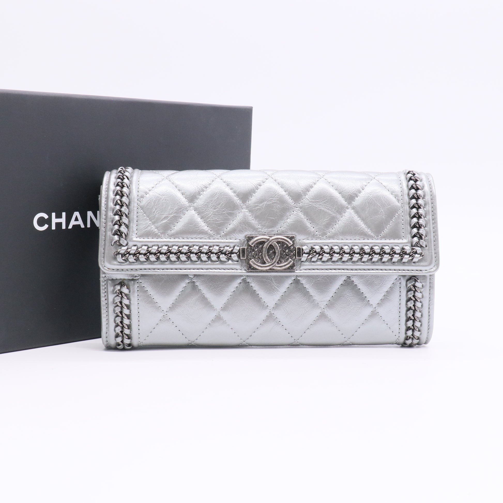 Chain Around Boy Flap Wallet Quilted Aged Calfskin Long Silver Twins