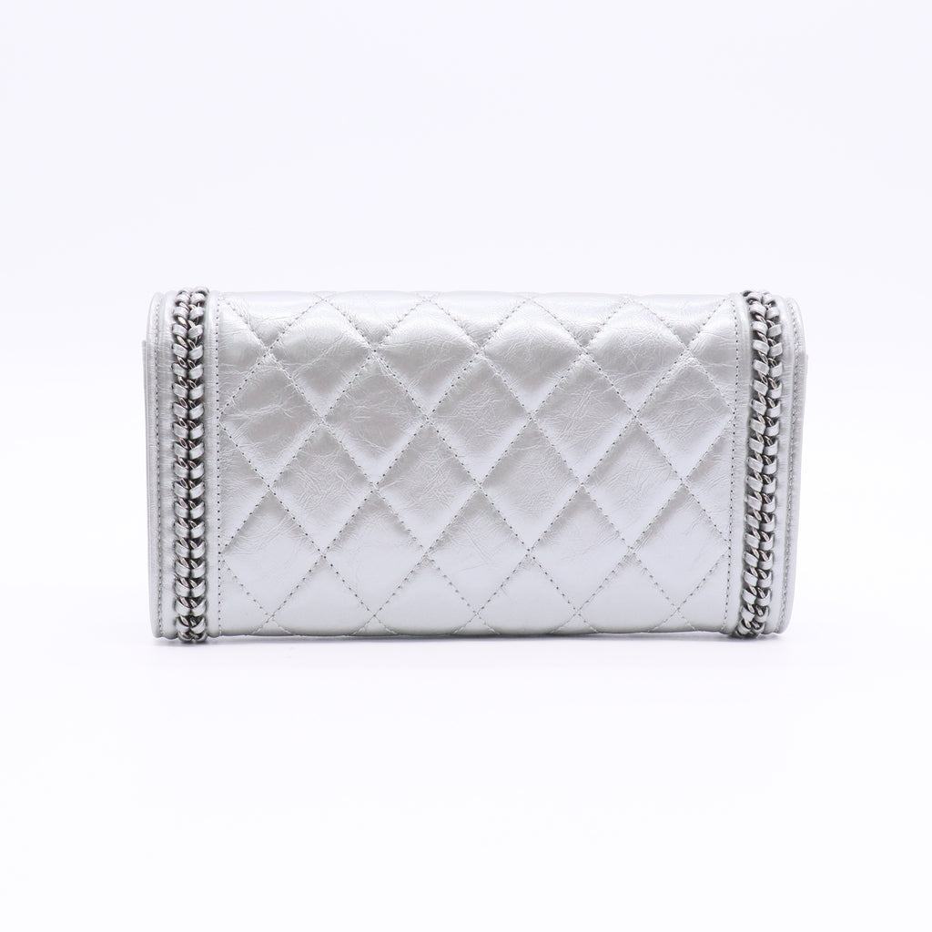 Chain Around Boy Flap Wallet Quilted Aged Calfskin Long Silver Twins