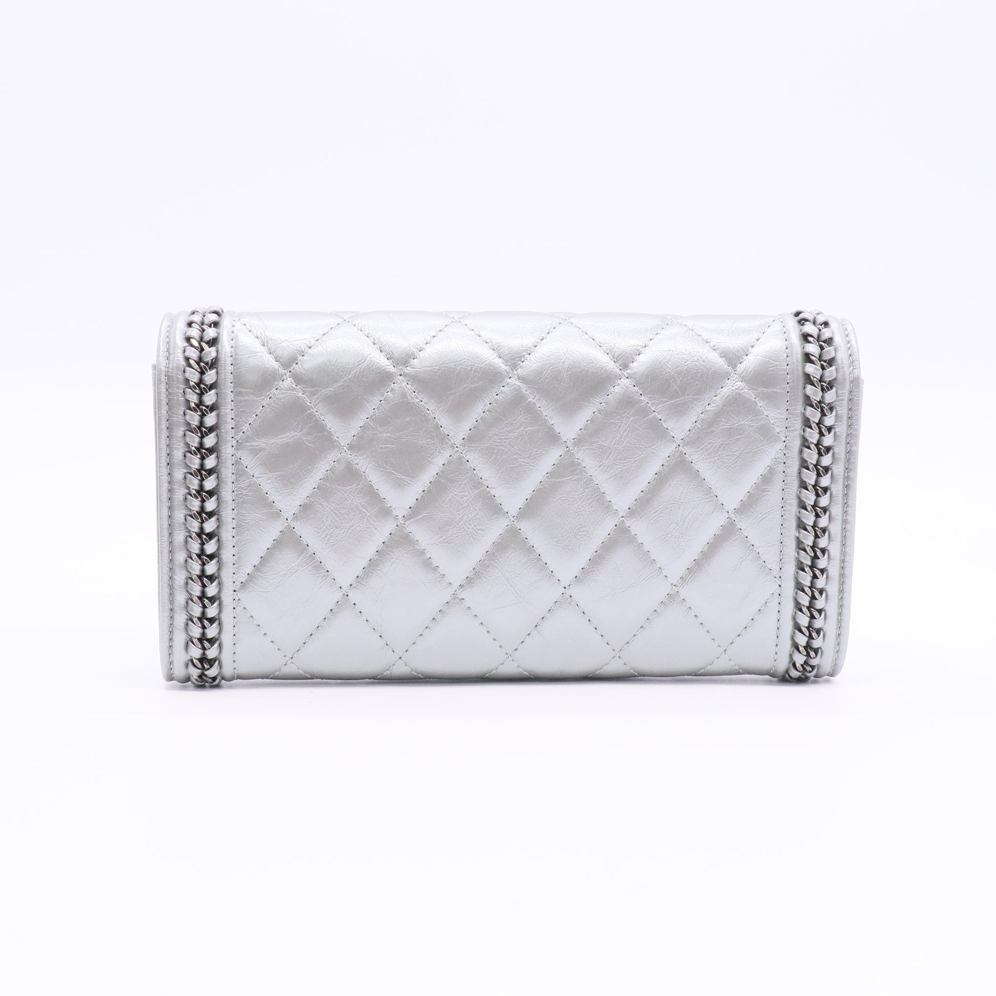 Chain Around Boy Flap Wallet Quilted Aged Calfskin Long Silver Twins