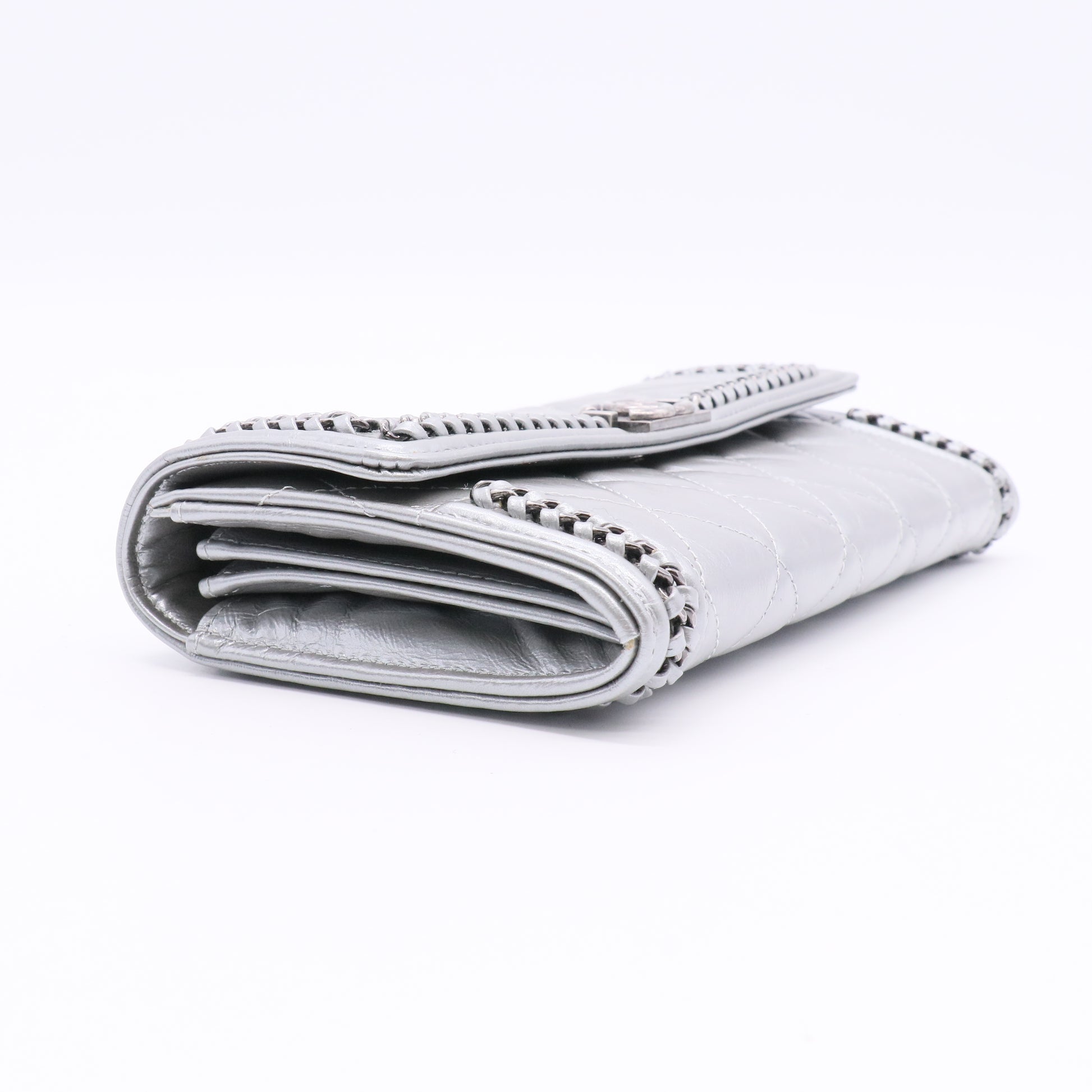 Chain Around Boy Flap Wallet Quilted Aged Calfskin Long Silver Twins