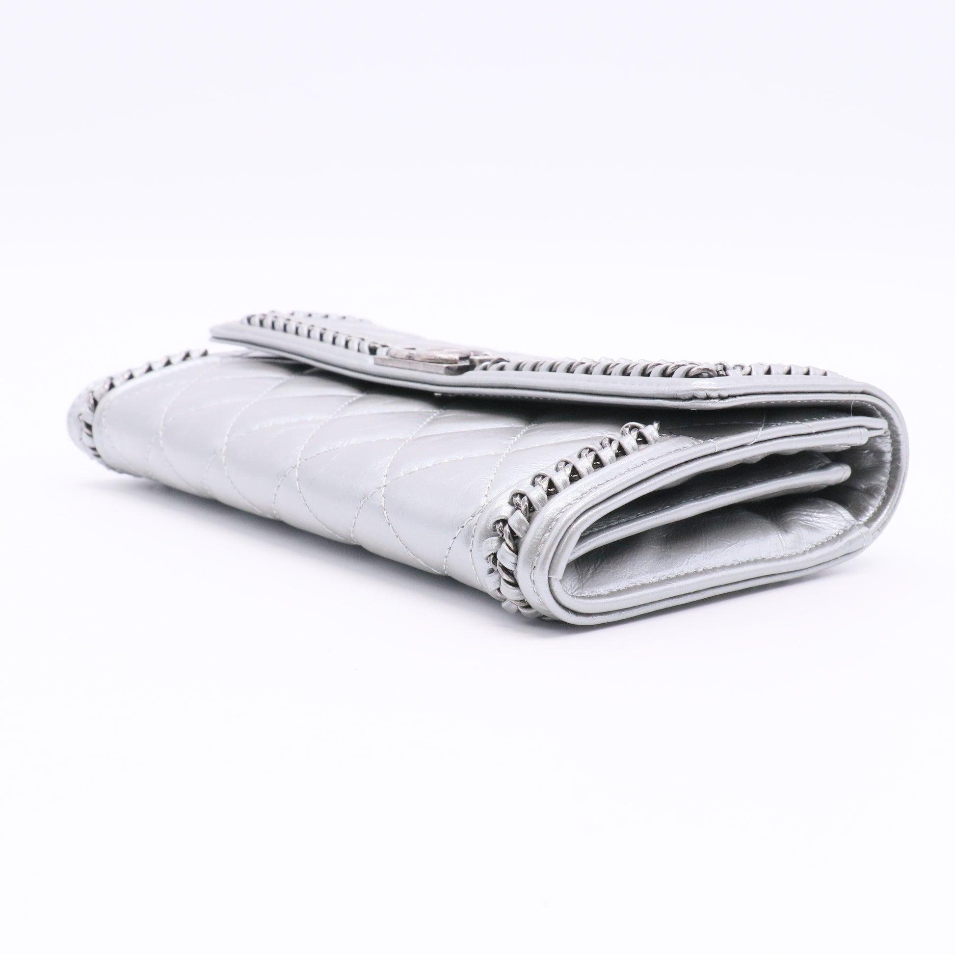 Chain Around Boy Flap Wallet Quilted Aged Calfskin Long Silver Twins
