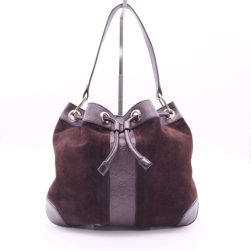 Gucci Dark Brown Suede Drawstring Bucket Bag twins