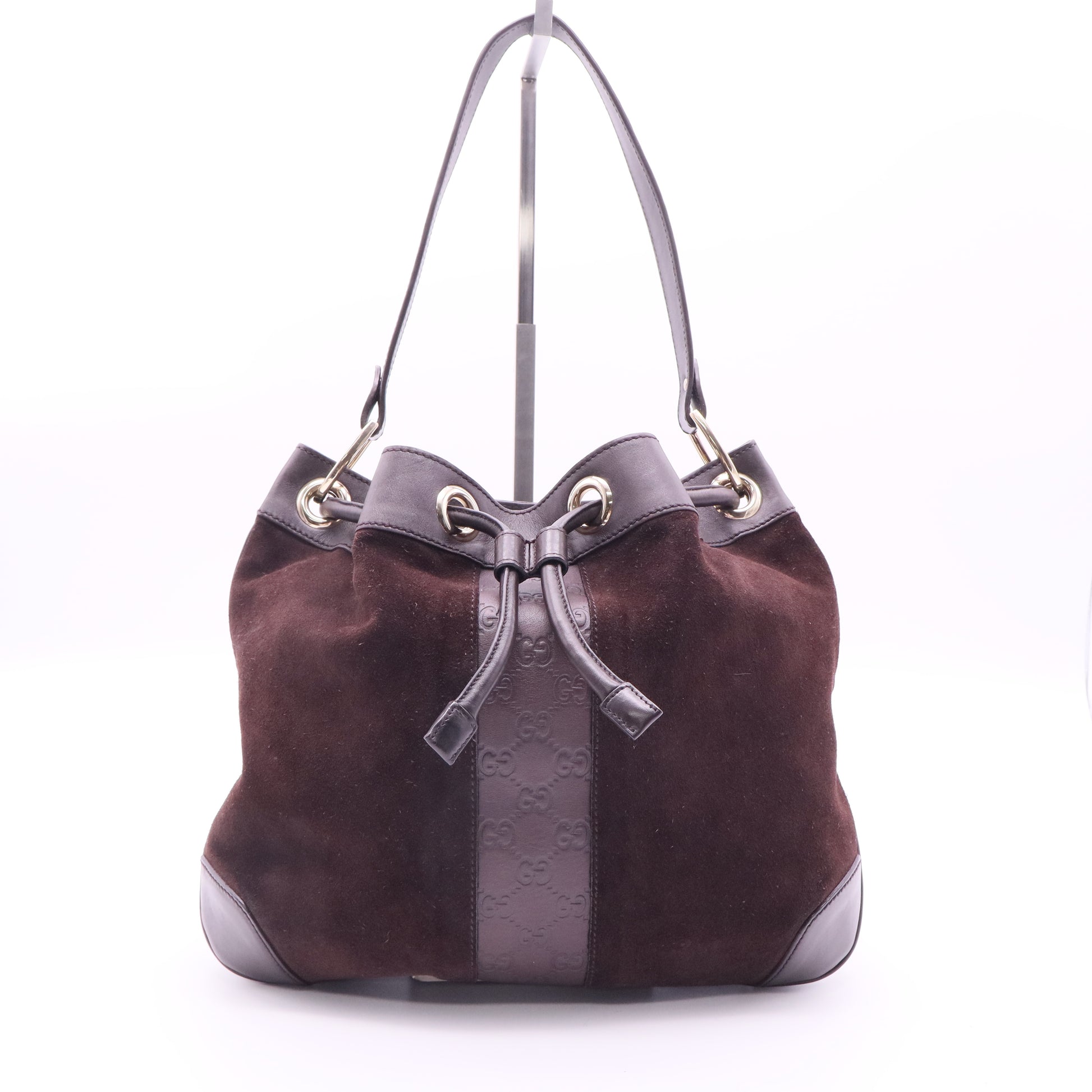 Gucci Dark Brown Suede Drawstring Bucket Bag twins