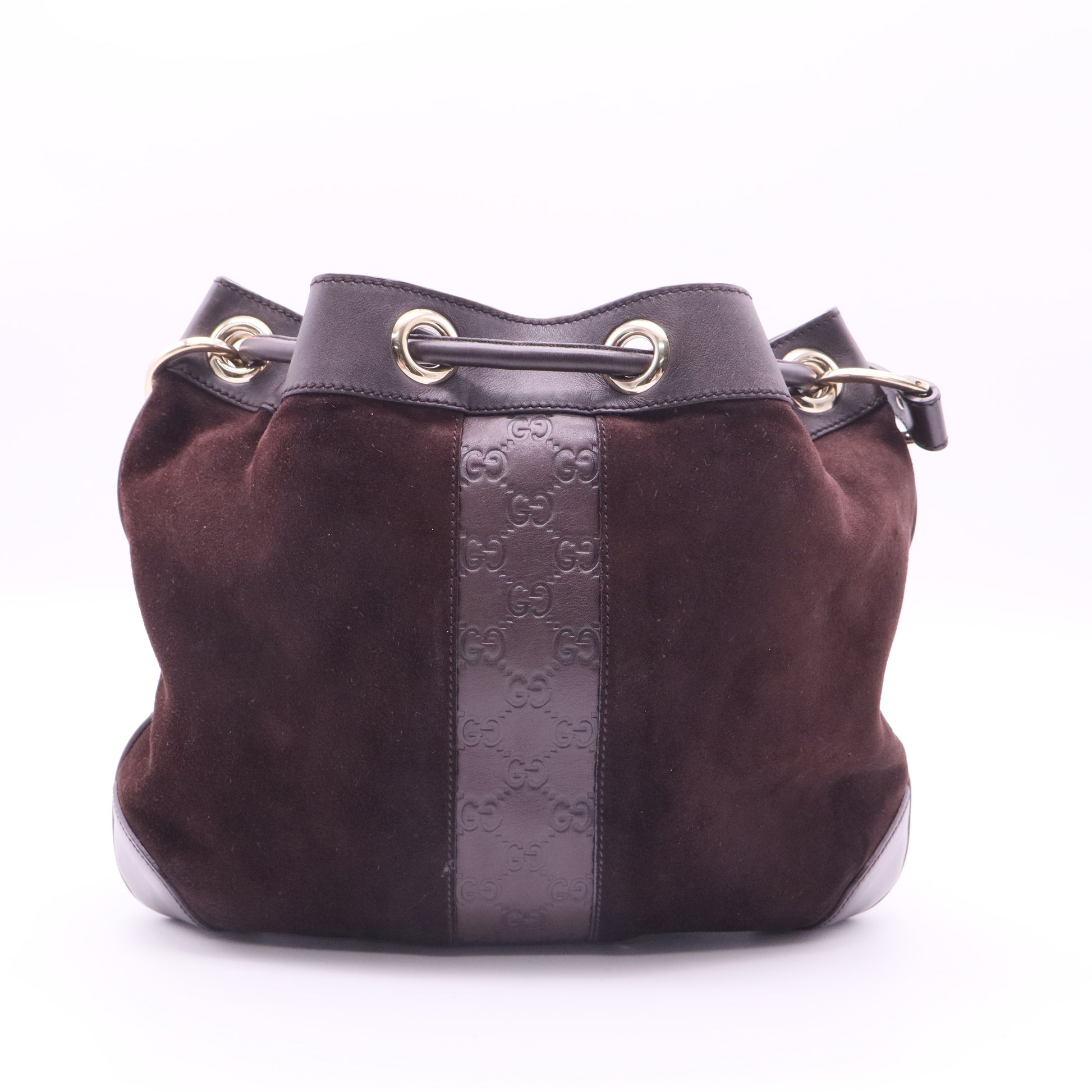 Gucci Dark Brown Suede Drawstring Bucket Bag twins
