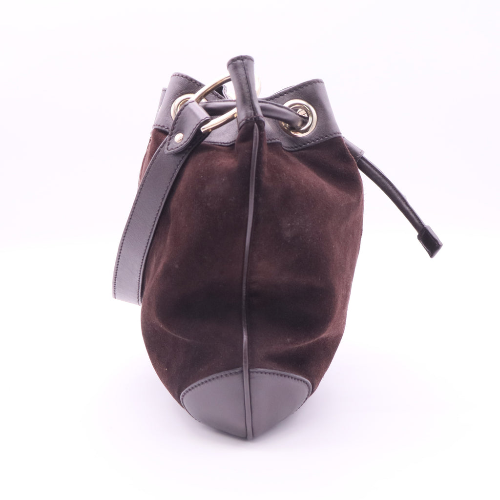 Gucci Dark Brown Suede Drawstring Bucket Bag twins