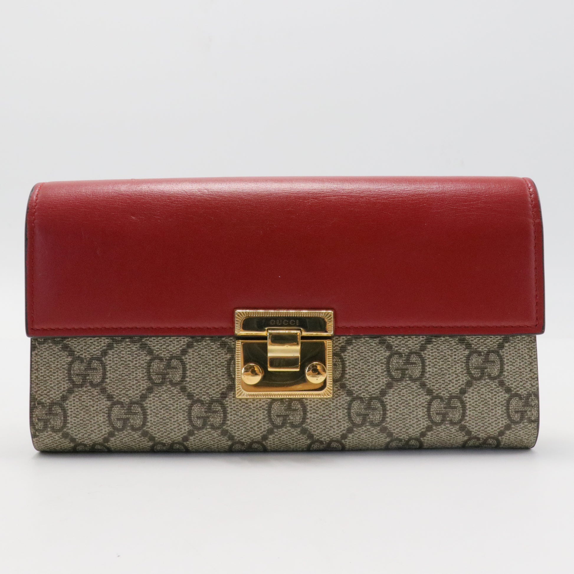 GG Supreme Monogram Moon Calfskin Padlock Continental Chain Wallet Beige Ebony Hibiscus Red New Rosette