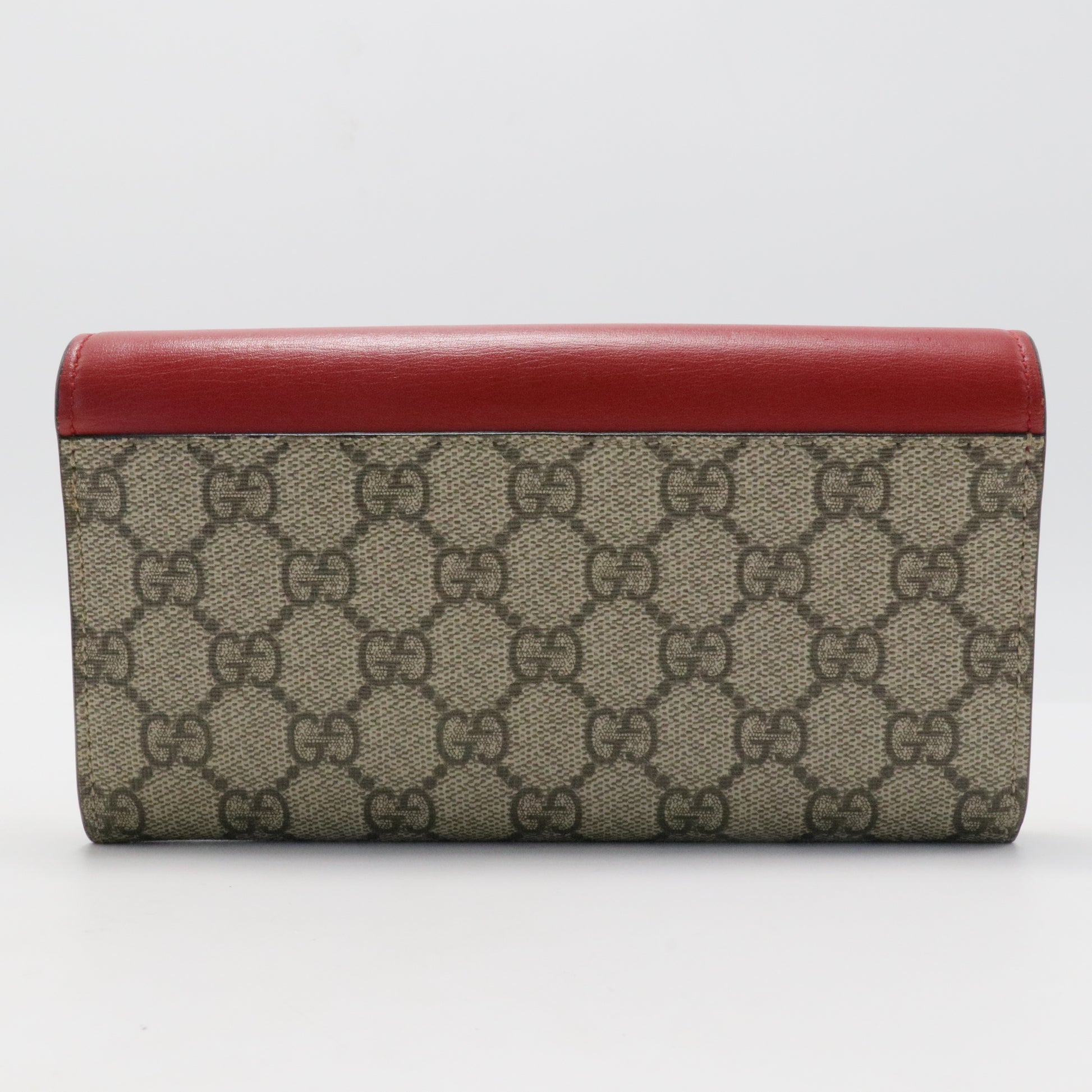 GG Supreme Monogram Moon Calfskin Padlock Continental Chain Wallet Beige Ebony Hibiscus Red New Rosette