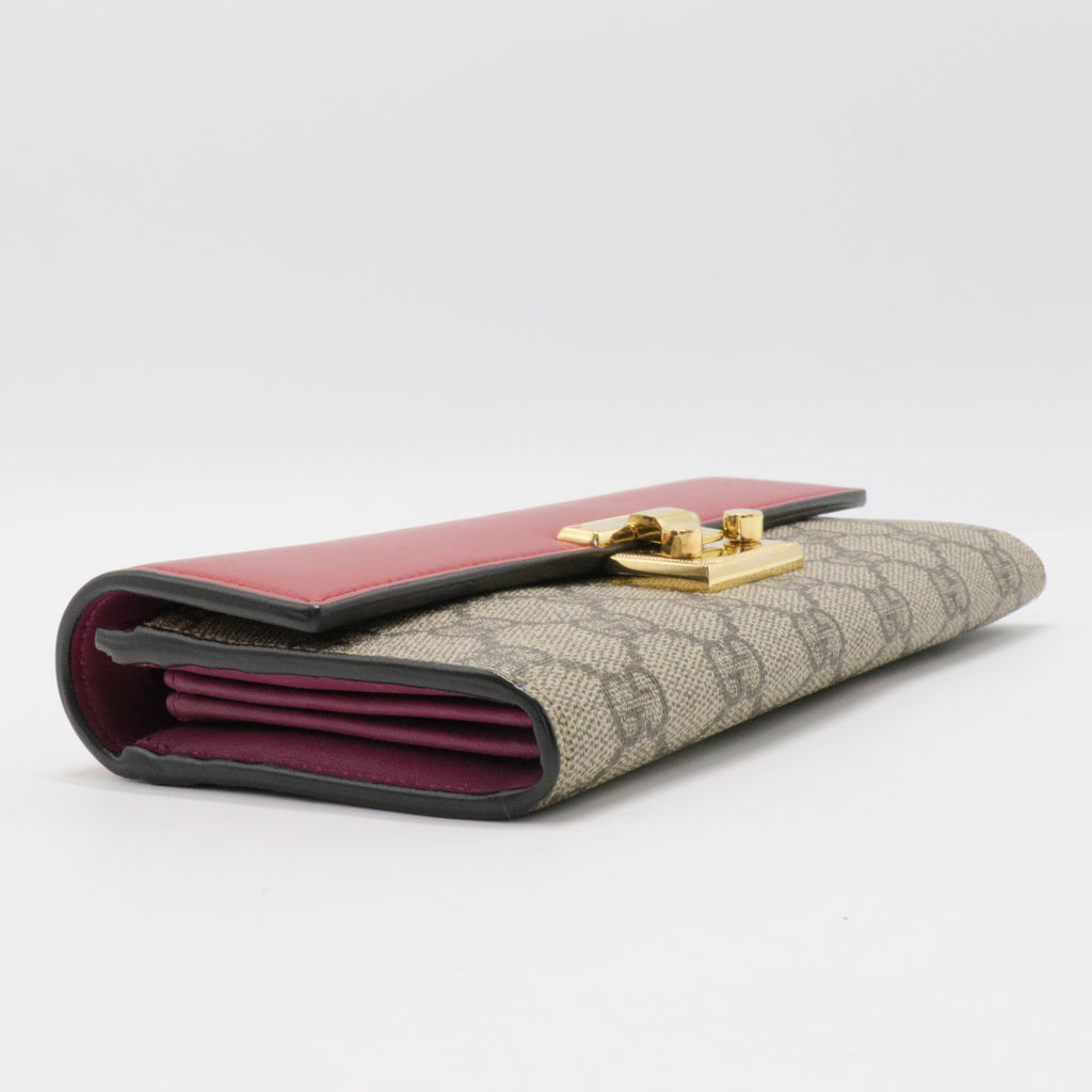 GG Supreme Monogram Moon Calfskin Padlock Continental Chain Wallet Beige Ebony Hibiscus Red New Rosette