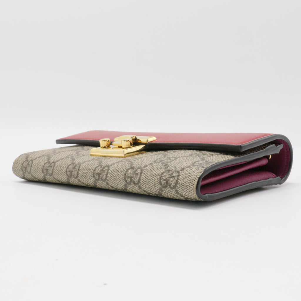 GG Supreme Monogram Moon Calfskin Padlock Continental Chain Wallet Beige Ebony Hibiscus Red New Rosette