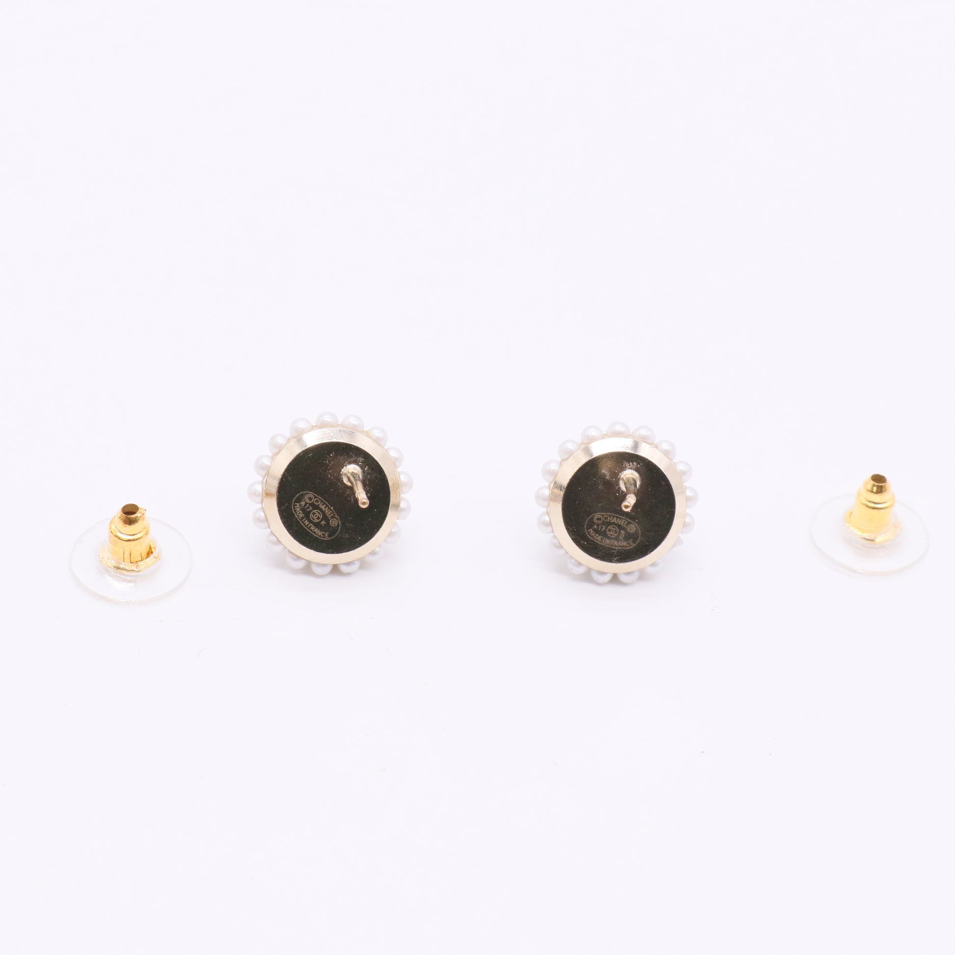 Chanel Round Pearl Crystal CC Stud Earrings - Gold twins