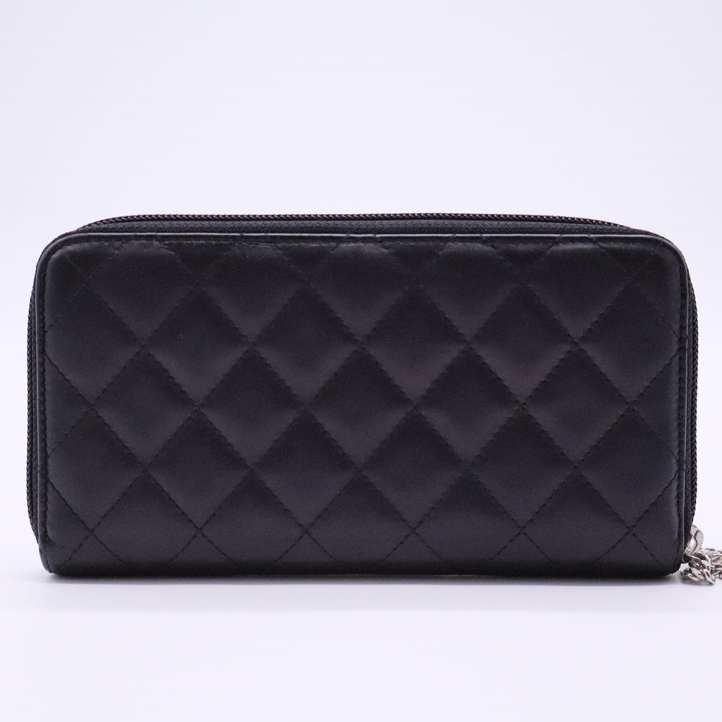 Calfskin Quilted Cambon Large Gusset Zip Around Wallet Black