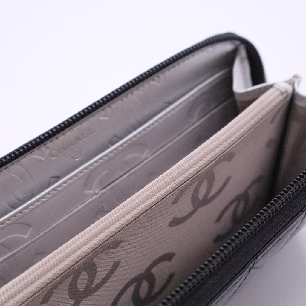 Calfskin Quilted Cambon Large Gusset Zip Around Wallet Black