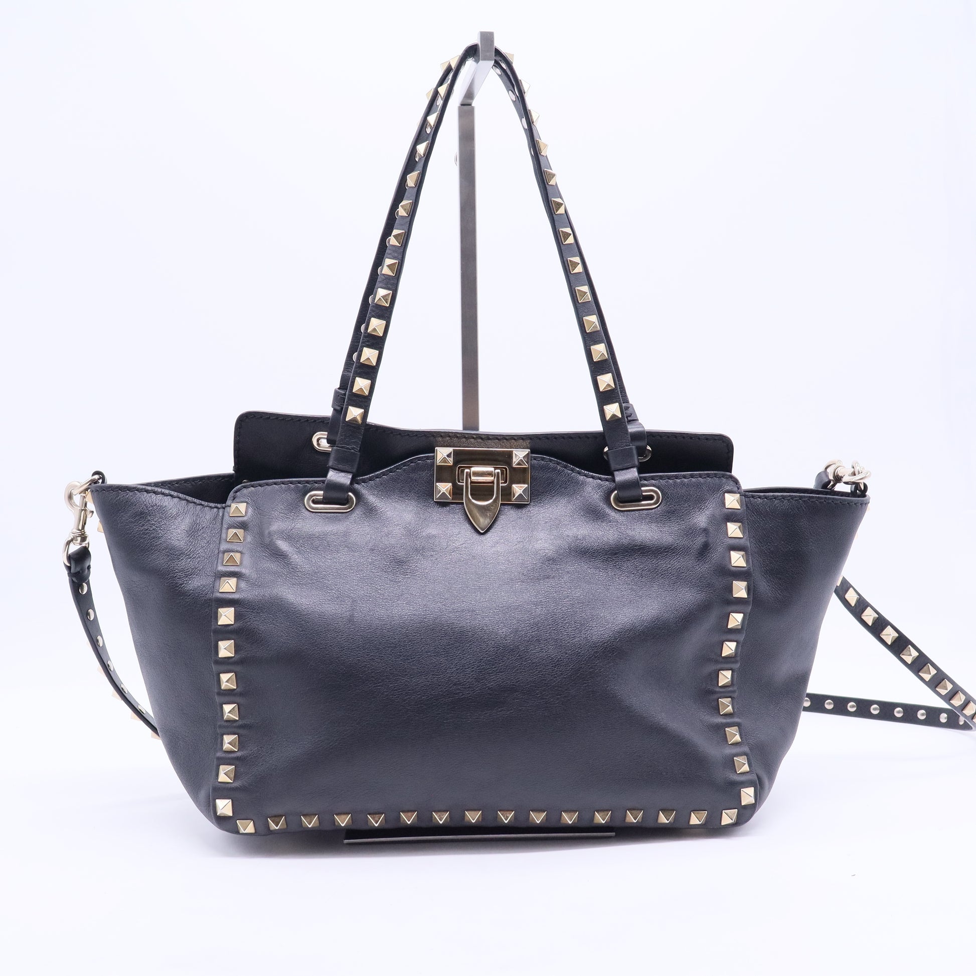 Black Leather Rockstud Trapeze Tote Bag B12324