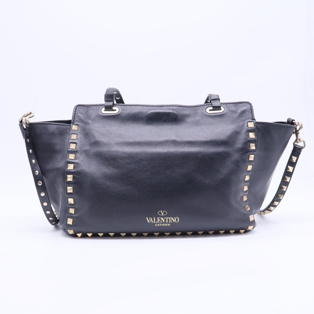 Black Leather Rockstud Trapeze Tote Bag B12324