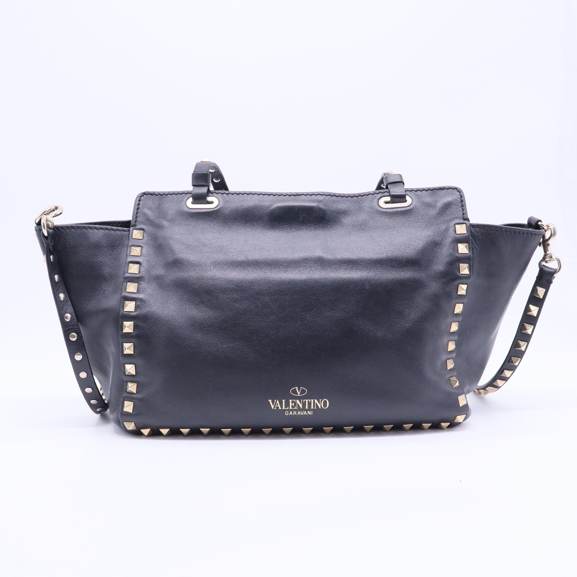 Black Leather Rockstud Trapeze Tote Bag B12324