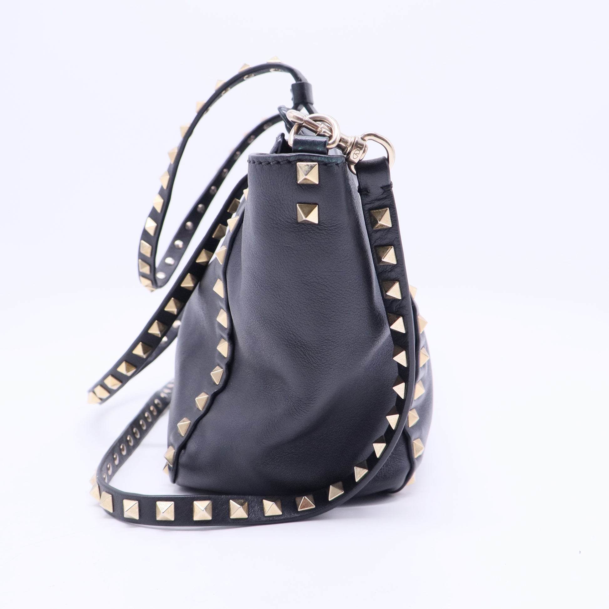 Black Leather Rockstud Trapeze Tote Bag B12324