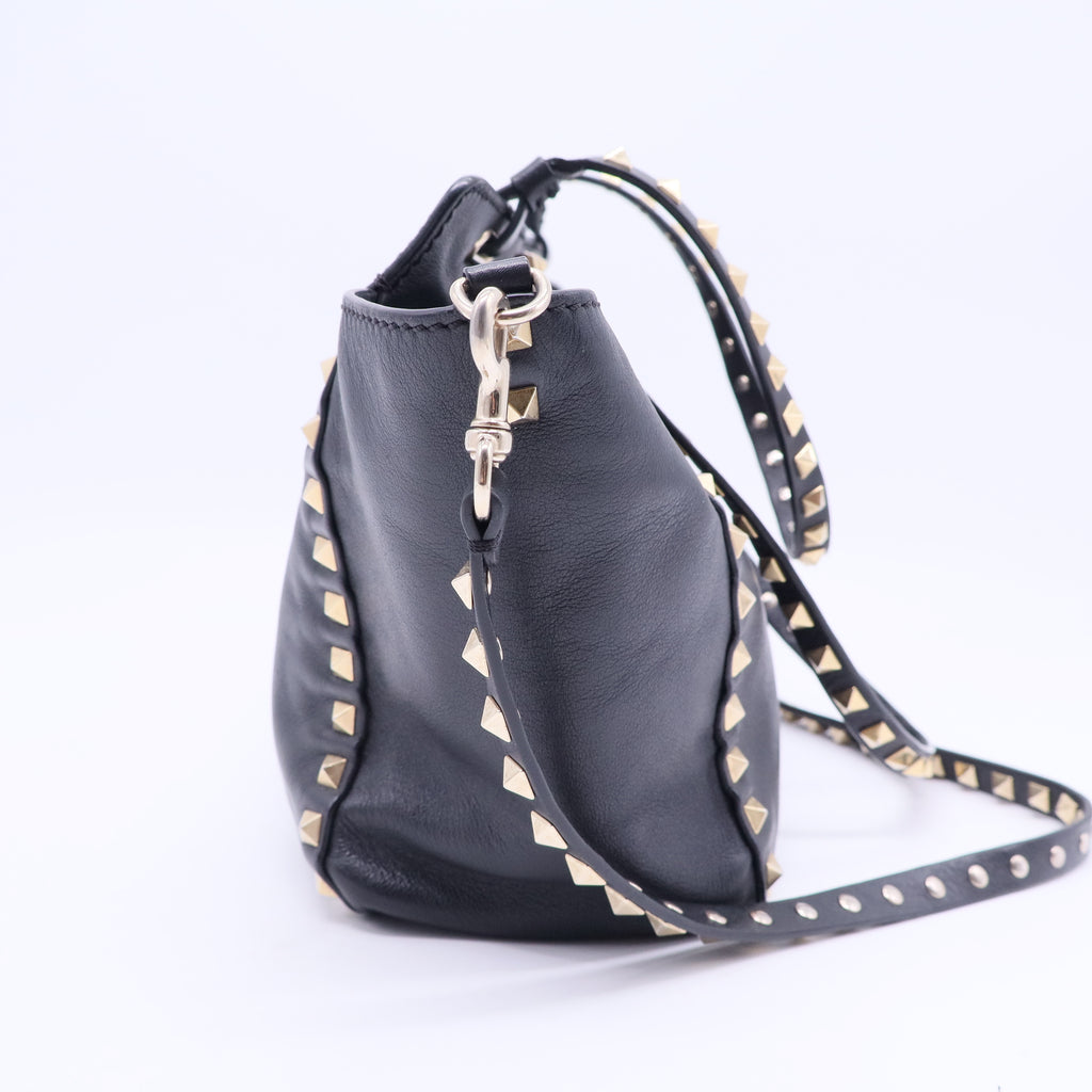 Black Leather Rockstud Trapeze Tote Bag B12324