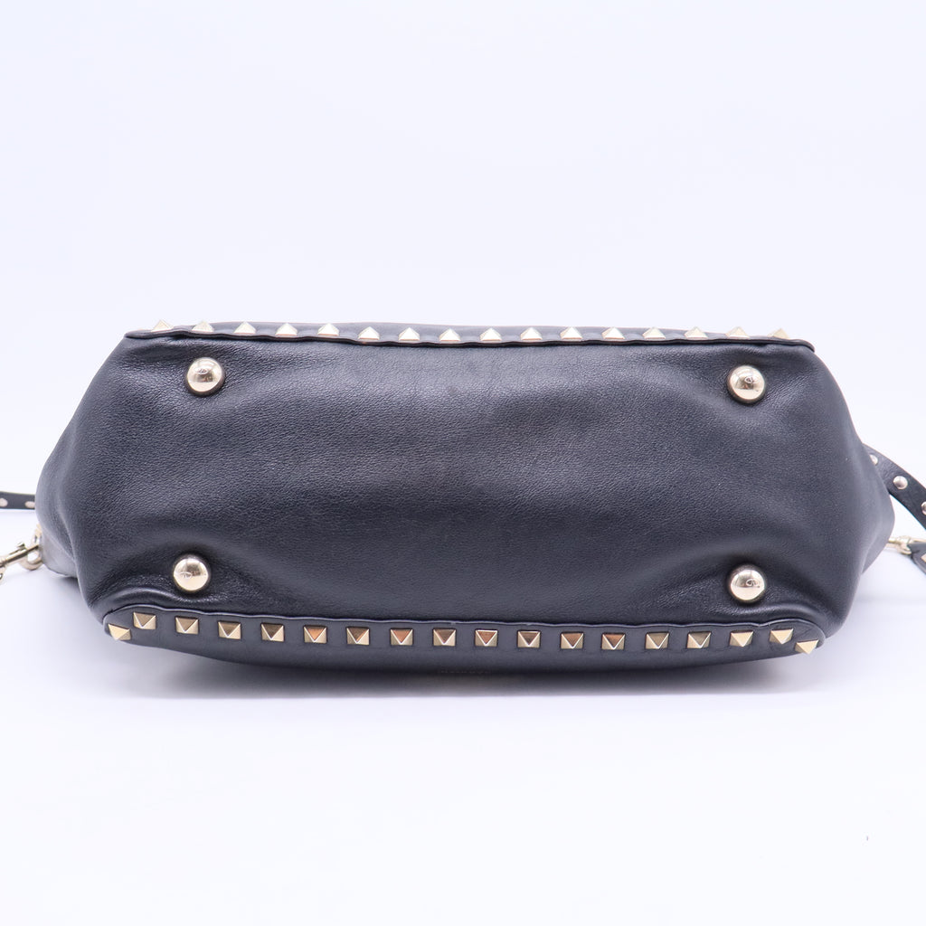Black Leather Rockstud Trapeze Tote Bag B12324
