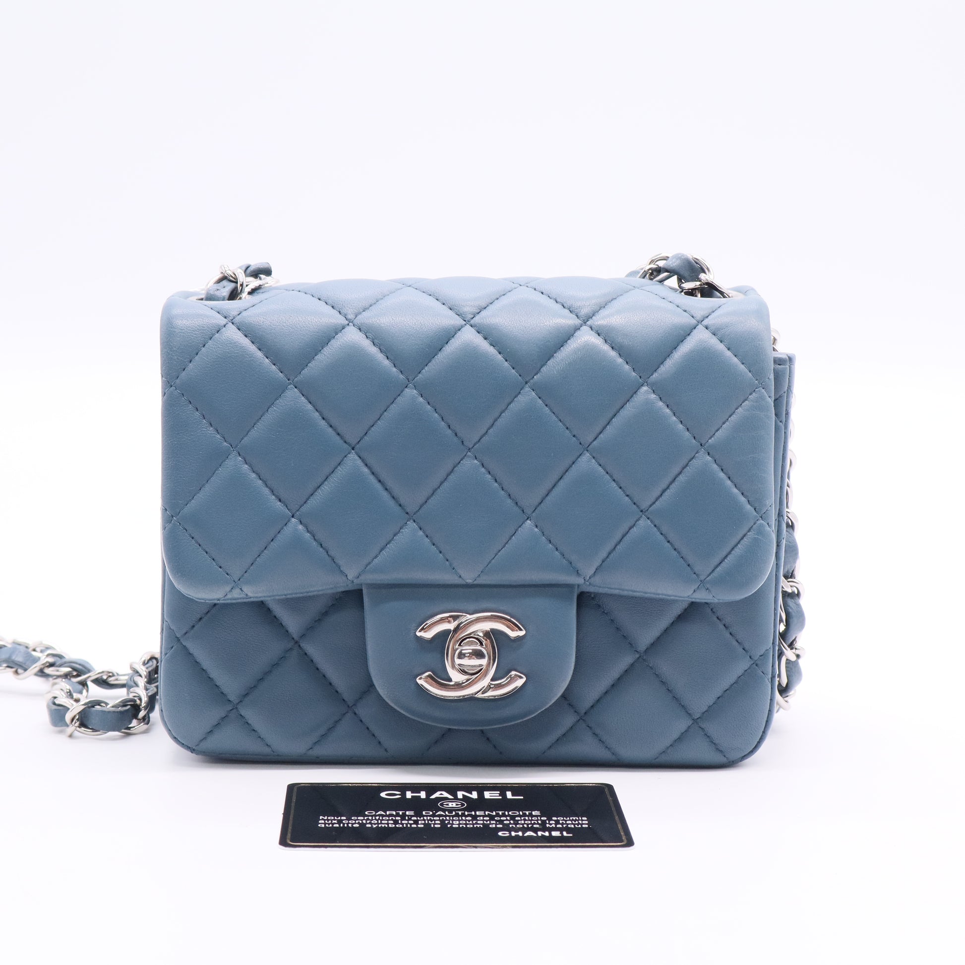 Classic Flap Mini Square Misty Blue Grey Lambskin Crossbody Bag Twins LDJ3040