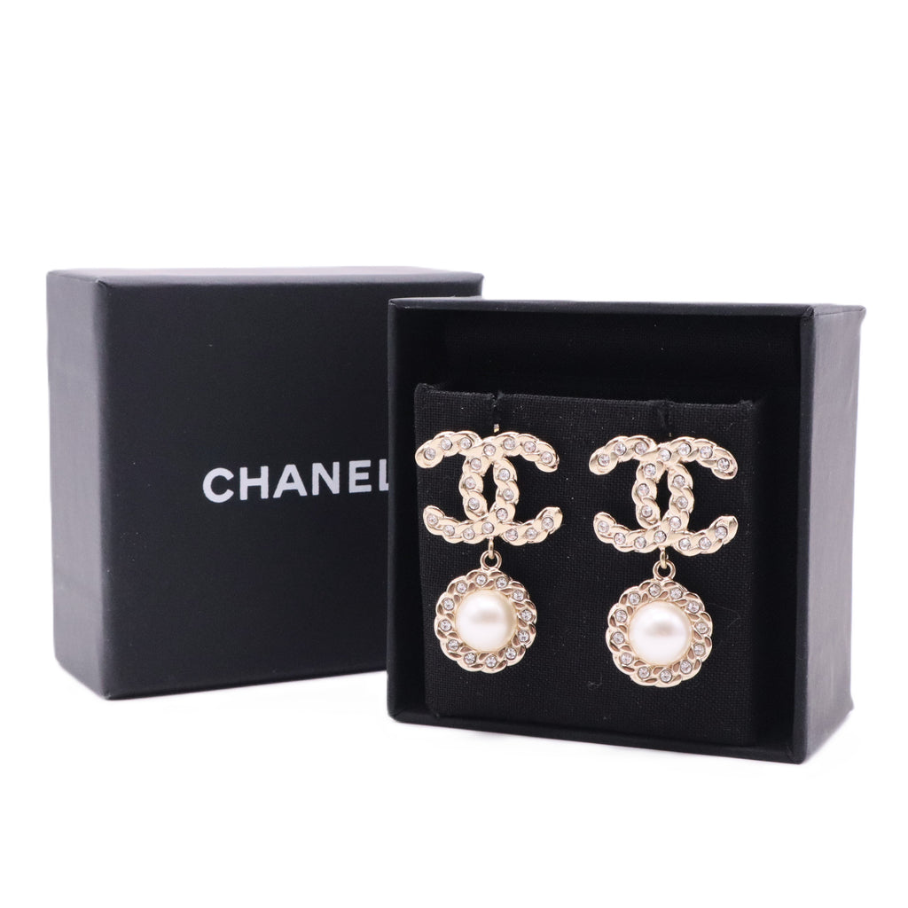 Pale Gold Tone Crystal & Faux Pearl CC Drop Earrings