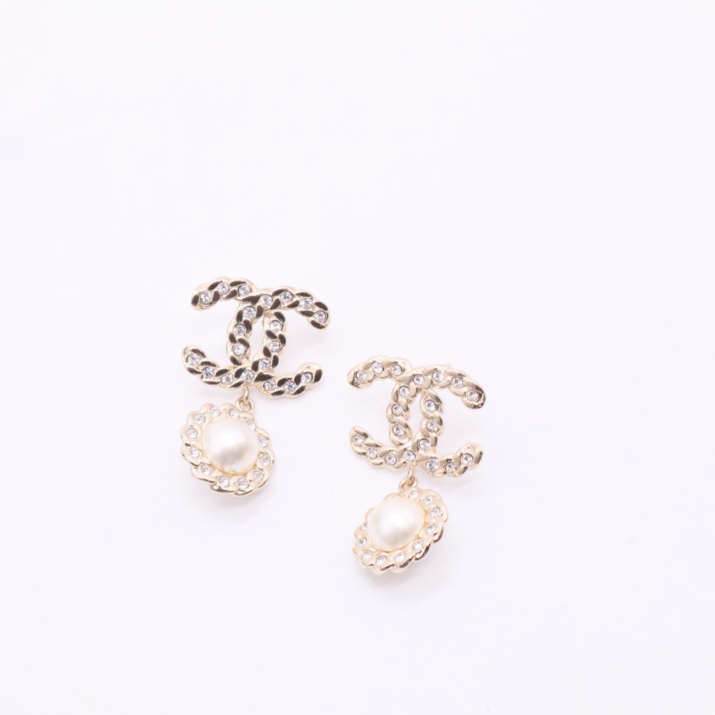 Pale Gold Tone Crystal & Faux Pearl CC Drop Earrings