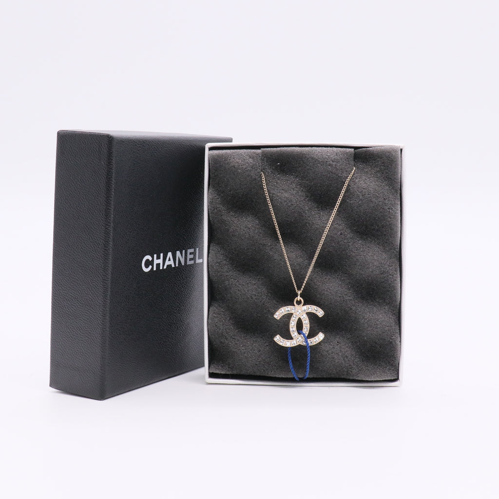 CC Long Pendant Necklace Crystal Embellished Metal Twins
