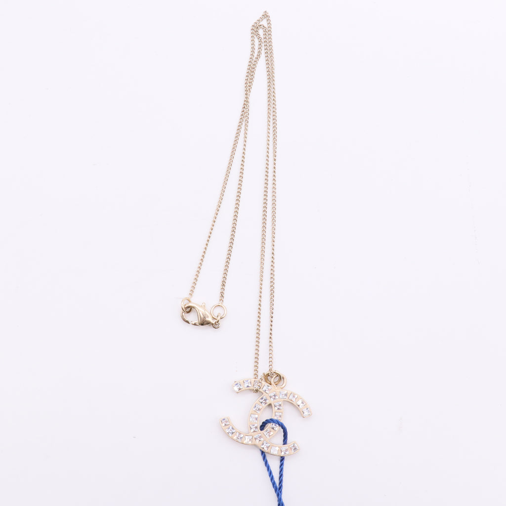 CC Long Pendant Necklace Crystal Embellished Metal Twins