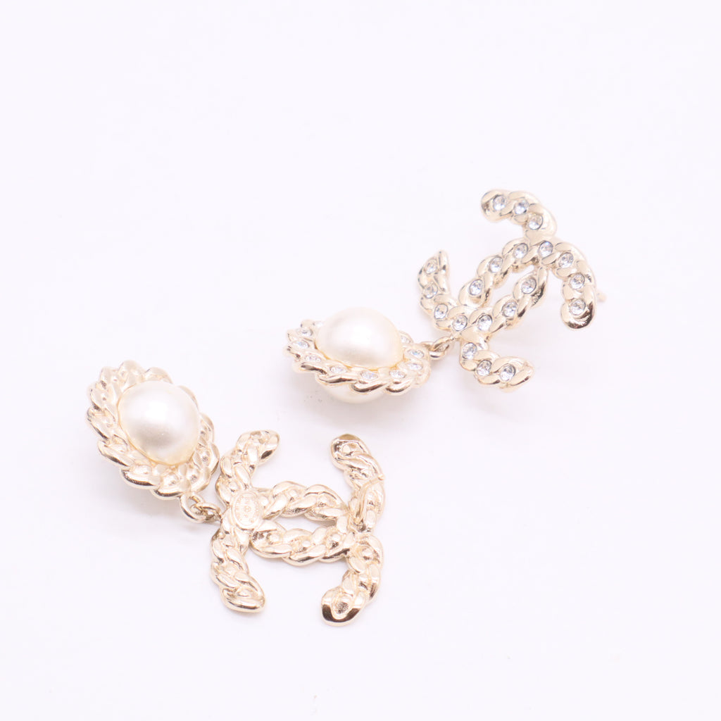 Pale Gold Tone Crystal & Faux Pearl CC Drop Earrings