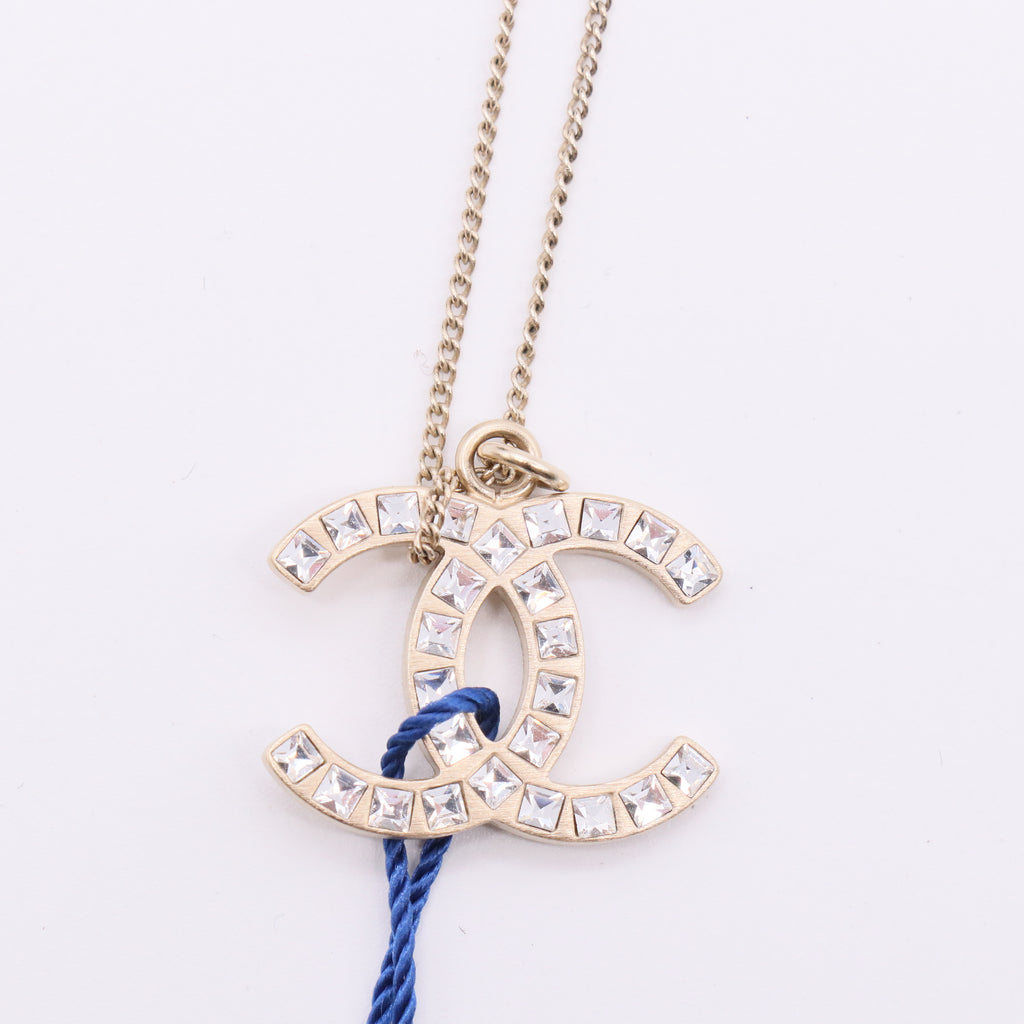 CC Long Pendant Necklace Crystal Embellished Metal Twins