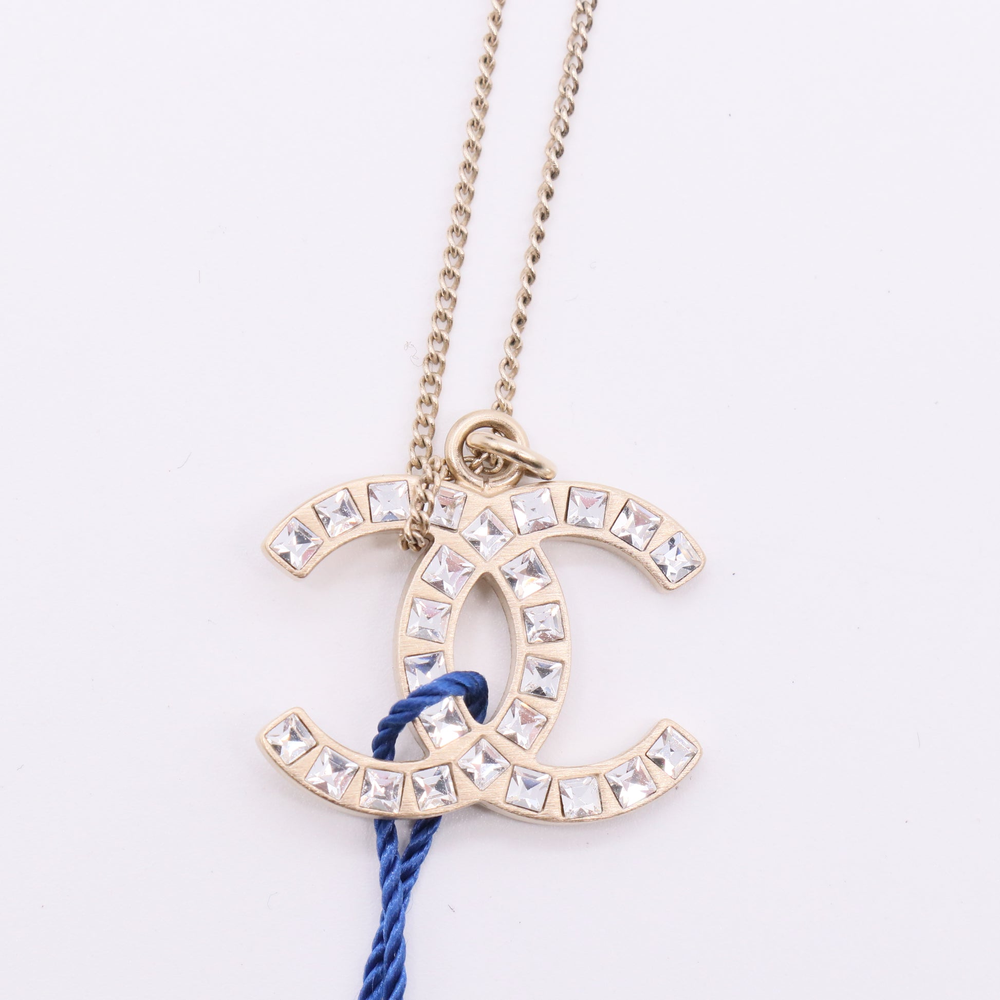CC Long Pendant Necklace Crystal Embellished Metal Twins